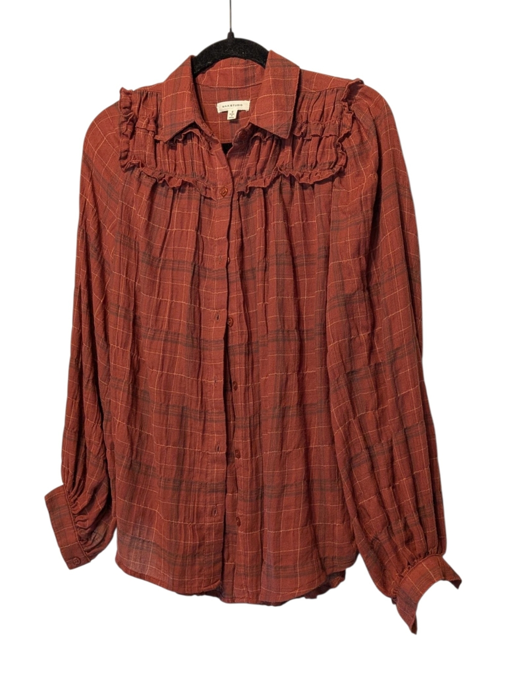 Max Studio Ruffle-Yoke Button-Front Blouse in Rust - Picture 2 of 11